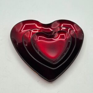VINTAGE  Three Stackable Ruby Red Glass Heart Trinket Jewelry Trays